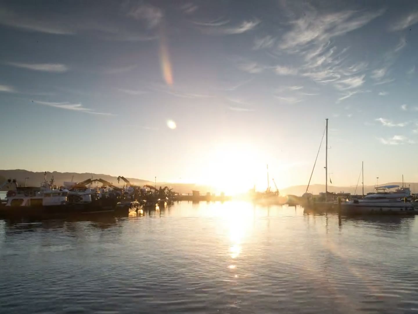 A marina glowing at dusk, masts silhouetted against the sky